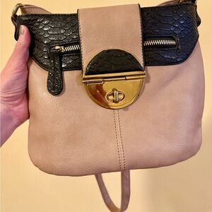 Beige and Black Leather Crossbody Bag with Gold Clasp